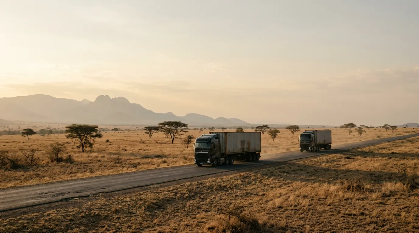Two container trucks on a highway through dry grassland at golden hour